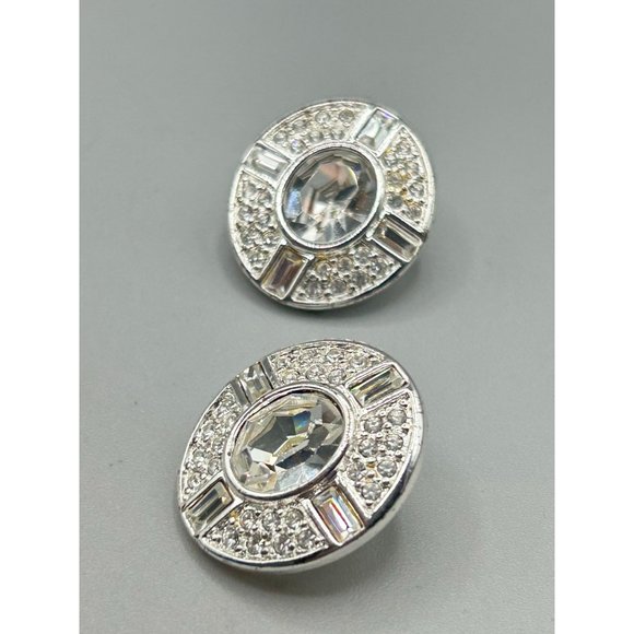 Signed NAPIER Vintage Pierced Studs Earrings Silver Tone and Clear Rhinestones - Picture 2 of 6